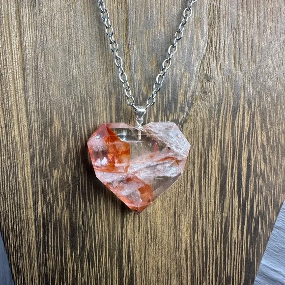Fire Quartz Heart Necklace Pendant on Chain - Picture 8 of 11